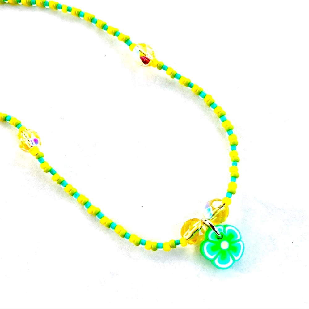Handmade Yellow Green Aqua Tropical Beaded Summer Anklet